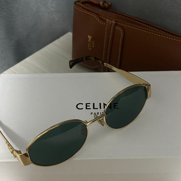 Celine Metal Triomphe CL40235U 30N Endura Gold/Green Oval Women's Sunglasses - Picture 1 of 5